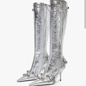 Tall silver shiny heel boots